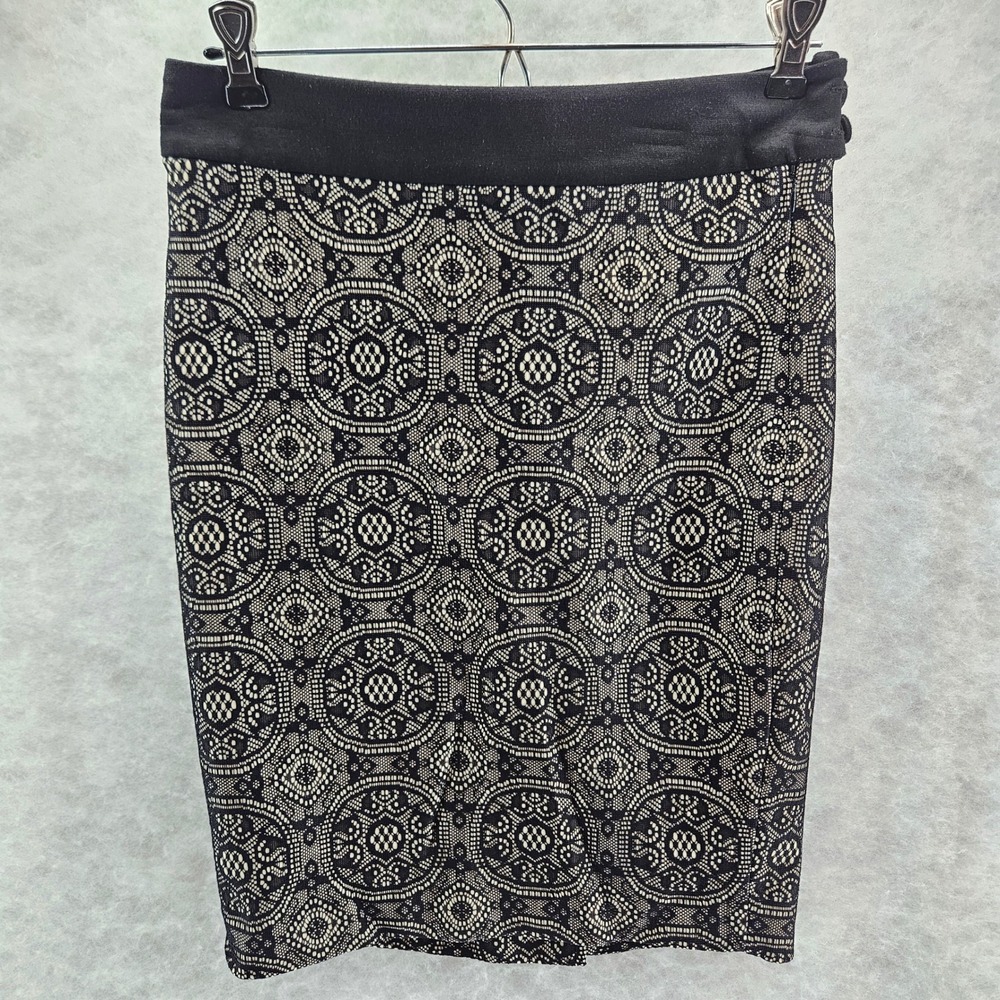 The Limited Black Lace Pencil Skirt Geometric‎ Pattern Side Zip Button Size 0